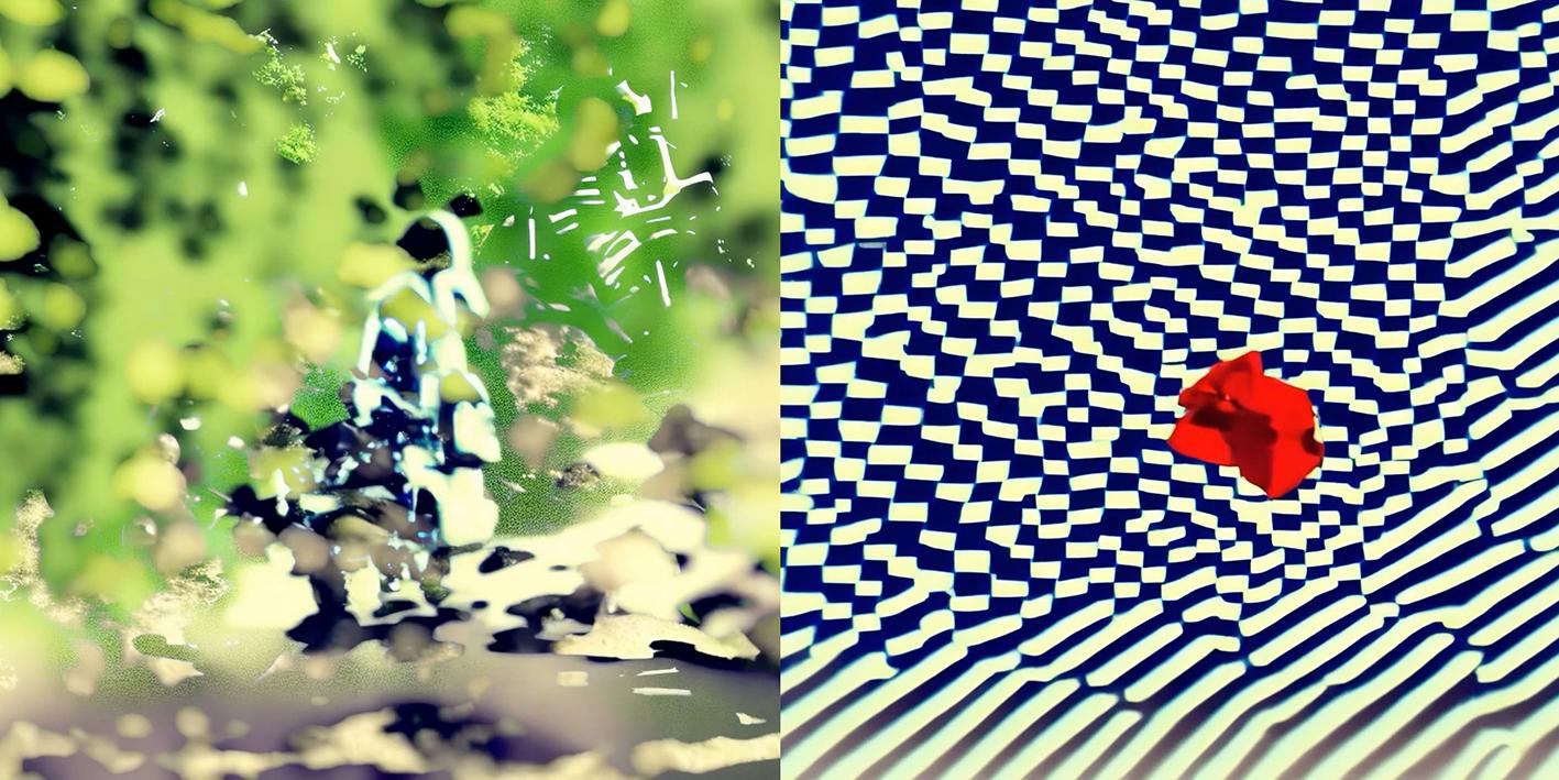 Stills from Roope Rainisto, “A stop sign is flying in blue skies”, and “A rider on a blue motorcycle in the forest”, 2023. AI videos, release details to follow.